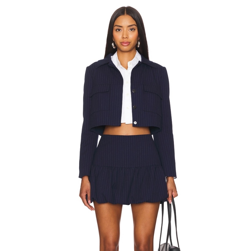 Amanda Uprichard Navy Pinstripe Cropped Jacket & Tiered Mini Skirt Set